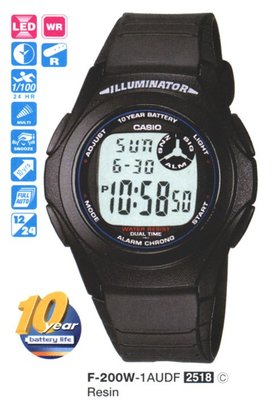全新CASIO手錶(美運公司)F-200W-1A【10年電池貪睡裝置閏年自動調整多功能錶】破盤價