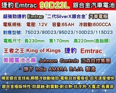 【電池達人】Emtrac 捷豹 銀合金電池 90D23L 適用 LANCER FORTIS IMPREZA 森林人 台南