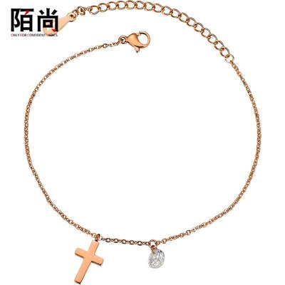 【熱賣精選】韓版時尚氣質十字架單鉆腳鏈女鍍18K玫瑰金鈦鋼飾品禮物#腳鏈#女生飾品