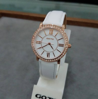 GOTO 簡約玫瑰金殼白面鑽框 防刮鏡面 白色皮錶帶 GM0058L-42-241 原廠公司貨 保固一年 /32mm