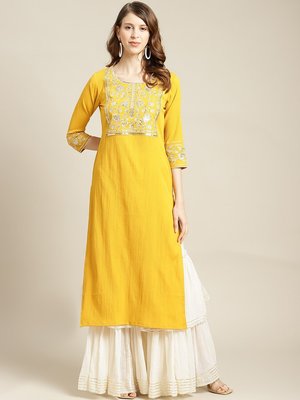印度舞界Women Mustard Yellow & Off White Embellished  Kurta 庫塔 S