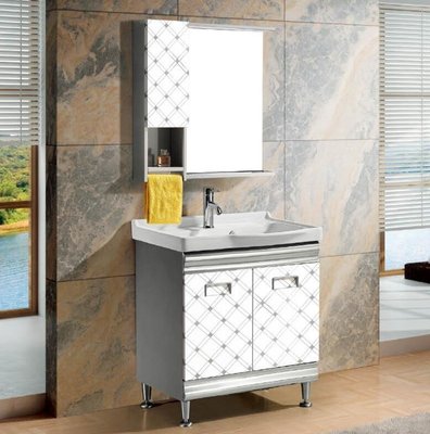 FUO衛浴:70公分 合金材質櫃體 陶瓷洗衣盆 立式浴櫃組(含鏡子邊櫃龍頭) T9577