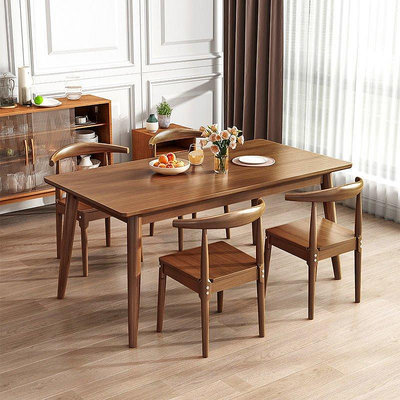 全實木餐桌椅組合家用餐桌小戶型簡約現代橡膠木長方形吃飯桌子-東方名居V