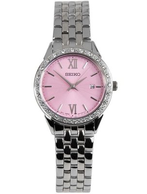 SEIKO WATCH 精工施華洛世奇晶鑽銀色系粉紅面女性鋼帶石英腕錶 型號：SUR693P1【神梭鐘錶】