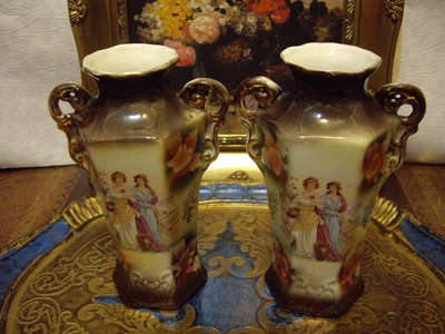 歐洲古物時尚雜貨  老古董花瓶 古典美女  花卉 彩繪藝術 花器  老花瓶 一對 擺飾品 古董收藏