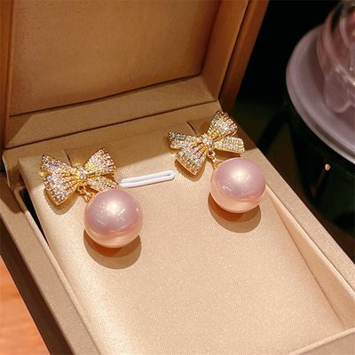 蝴蝶結粉色珍珠甜美氣質耳墜s925純銀針滿鉆高級感閃亮顯臉小耳環