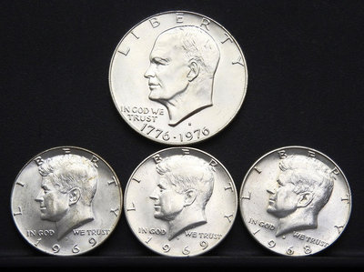 M053-4【周日結標】1976年美國 建國200周年紀念銀幣+1968~69年甘迺迪半元銀幣=共4枚 =總重約58.7克