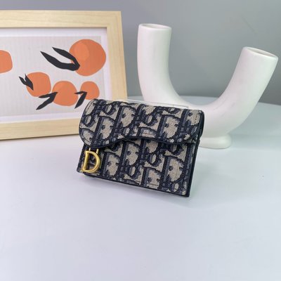 【翰貝格名牌館】全新真品 Dior Oblique 海軍藍 緹花 D環 馬鞍 翻蓋 厚款 名片 卡片 零錢包