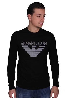 Armani Jeans 經典LOGO大刺繡休閒長袖t 液態絲光棉 長T 黑/白