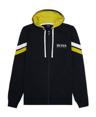 Hugo Boss 男性連帽外套 黑色搭配黃白條紋袖 尺寸S、M、L、XL 秋冬男裝 流行時尚 預購 歐美代購 AYON