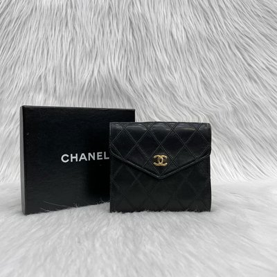 CHANEL 黑色 羊皮 金釦 雙C LOGO 縫線 菱格紋 老香 零錢包 短夾 皮夾 信用卡包