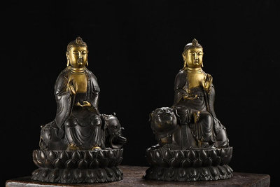 舊藏 銅鎏金文殊普賢菩薩造像