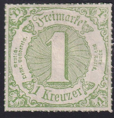 圖爾恩和塔克西斯(德國古王族)1860「1Kr」旗縫孔(綠線color line)古典新票