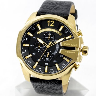 DIESEL DZ4344 手錶 53mm 大錶面 金色金錶 黑色皮帶 計時日期顯示 男錶