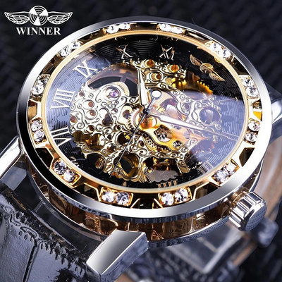 現貨男士手錶腕錶Winner時尚鉆石錶盤男士機械錶鏤空腕錶黑色金色復古夜光指針