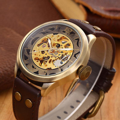 現貨男士手錶腕錶外貿SHENHUA男士機械錶鏤空復古花紋機械錶 禮物