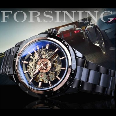 FORSINING 正品  潮流時尚大錶盤金屬感電鍍鎢鋼黑 賽車風格 自動機機械錶 個性型男鋼帶錶 【S &amp; C】柒時尚