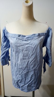 DANNII歐美品牌-造型平口蝴蝶綁帶牛仔水藍短版洋裝上衣16號中大尺碼(需熨燙)