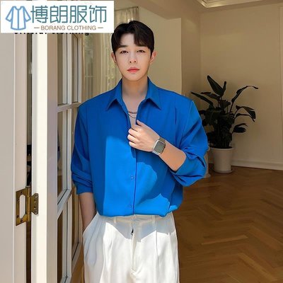 十月 韓國早秋網紅青小三角口袋藍色襯衫男高級感輕熟風氣質時尚上衣-博朗服飾