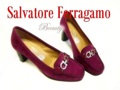 *Beauty*Salvatore Ferragamo紫紅色麂皮中跟包鞋 6.5號 CR