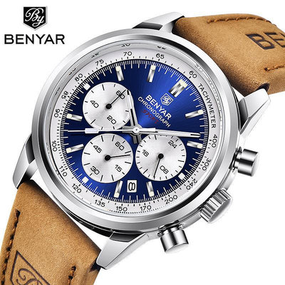 男士手錶 benyar賓雅by5188男士手錶多功能計時碼錶夜光防水皮帶石英錶腕錶