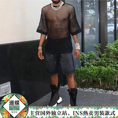 【服飾】TT0054夏季歐美純色五分袖圓領漁網透視寬松男T恤男士上衣