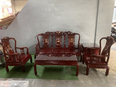 A2418 [家之家二手家具] 紅花梨鑲貝3+1+1+大小茶几五件沙發組 紅木 紅木沙發 花梨木 二手紅木家具