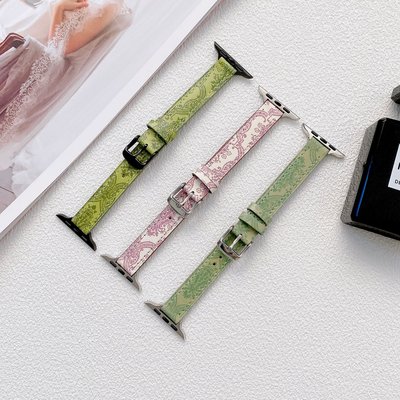 現貨手錶配件錶帶適用于蘋果手錶7代錶帶iwatch123456代SE細款女士印花皮質腕帶綠
