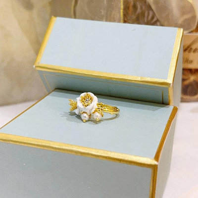 直購#Les Nereides 永恒玫瑰 白玫瑰枝花朵珍珠 戒指