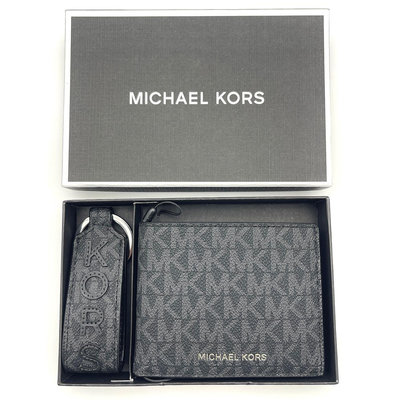 【美麗小舖】MICHAEL KORS MK 黑色 老花PVC皮革 男夾鑰匙圈禮盒組 短夾 皮夾 錢包~M99426