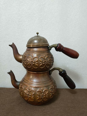 歐亞土耳其銅器藝術浮雕花卉紫銅經典銅雕銅器母子壺茶壺 總重量