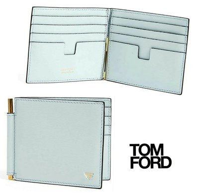TOM FORD   ( 淡粉藍色×金屬淡金色 ) 真皮兩摺短夾 八卡式 皮夾 錢包 中性款｜100%全新正品