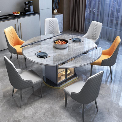 餐桌輕奢巖板餐桌現代簡約帶儲物柜伸縮折疊家用小戶型爐飯桌圓桌