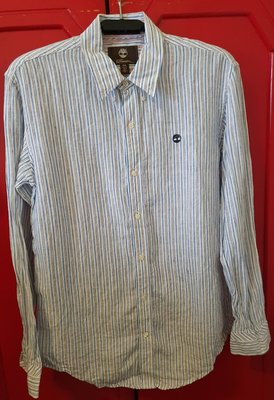 【Timberland】白色+淺藍色條紋亞麻(100%)休閒襯衫 M號