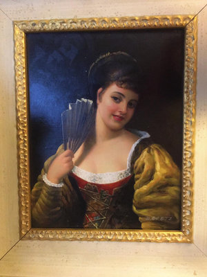 【二手】中古vintage手繪木板油畫帶簽名 拿扇子的女人 回流 配飾 擺件【佛緣閣】-1779