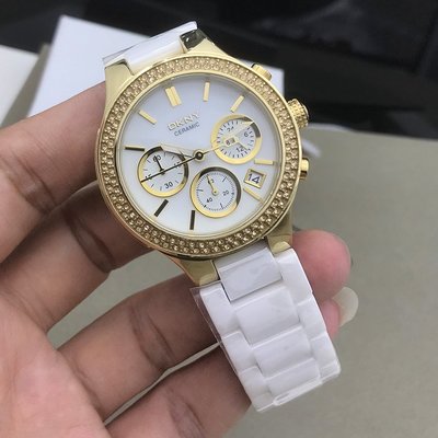 替換錶帶 DKNY手錶三眼白色陶瓷錶金色鑲鉆錶盤計時日歷石英錶防水女錶