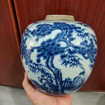 清代晚期青花松竹梅紋陶瓷罐老貨一樣尺寸16×17