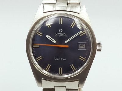 【發條盒子A1674】OMEGA 歐米茄 Geneve 藍面錶盤 無翻寫 不銹鋼日期顯示 經典鍊帶男錶166.041