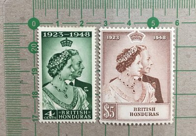 【伊莉莎白二世和菲利普親王】英屬宏都拉斯1948年，女王銀婚 2全，原膠背貼黃點新票  SP2069
