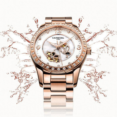 CARNIVAL嘉年華8009女表品牌機械錶訂製時尚手錶女生鏤空鑲鑽全自動機械手錶女防水夜光手錶