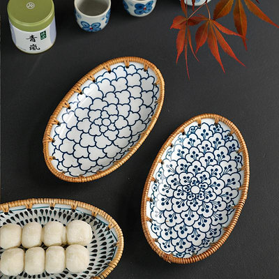 日式越南藤編瓷器果盤茶點盤糕點水果面包籃茶盤收納筐零食早餐
