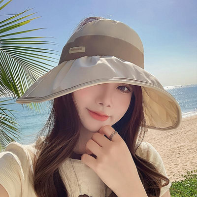 奇奇新款帽子女夏季大檐黑膠遮陽帽空頂透氣防曬帽防紫外線遮臉太陽帽