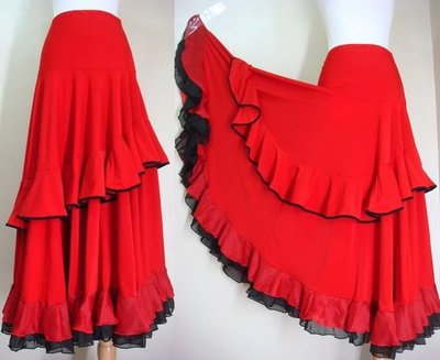 鴨米衣舖滾黑邊亮紅色佛朗明哥舞裙層次裙襬奶絲裙腰圍25-30吋