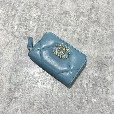 Chanel 19 拉鍊零錢包 小羊皮 金釦 天藍色《精品女王全新&二手》