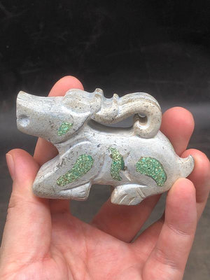 高古玉老玉商周和闐玉鑲嵌綠松石獸，長度8.5厘米，寬度2.3Ⅱ