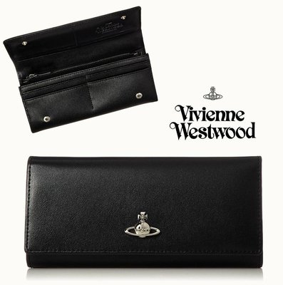Vivienne Westwood ( 黑色×金屬銀色土星LOGO)   真皮 兩摺長夾 皮夾 錢包｜100%全新正品｜特價！