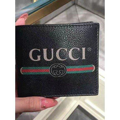 GUCCI Logo圖案 黑色皮革 短夾 / 皮夾 496309