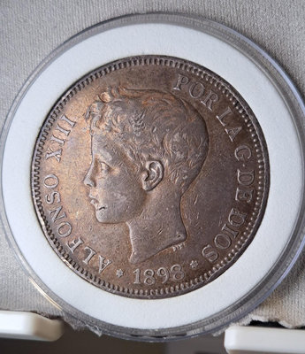 1898年 西班牙雙柱 阿方索十三世 5比塞塔銀幣，小卷毛頭