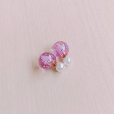 淺紫珍珠泡泡 紅水晶玻璃球 雙面大力丸耳環