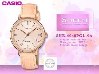 CASIO 卡西歐 手錶專賣店 SHE-4048PGL-9A 女錶 指針錶 真皮錶帶 防水 日期 施華洛世奇水晶